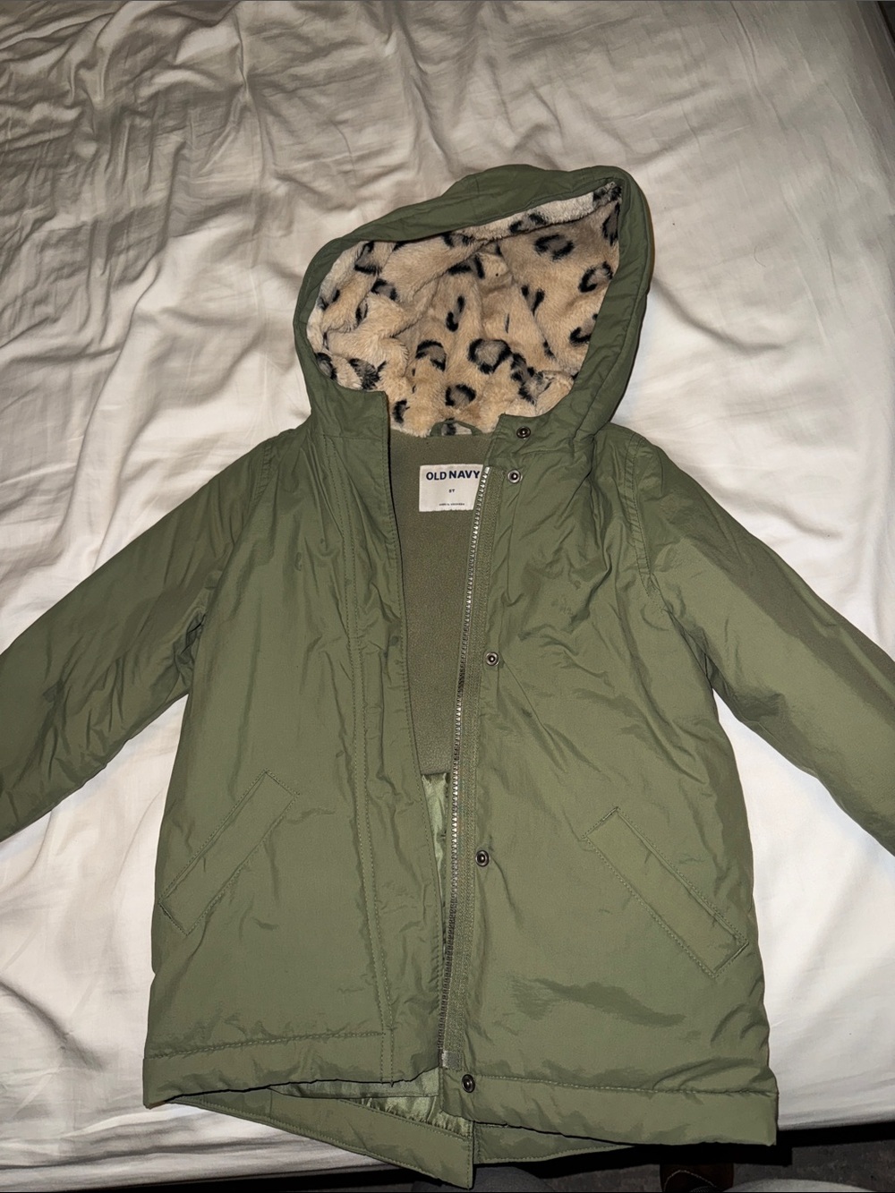 Old Navy Kids Olive Green Hooded Parker jacket with Leopard Faux-Fur Lining